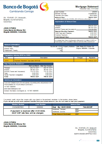 Download Colombia Banco de Bogotá bank mortgage statement scr Photoshop template